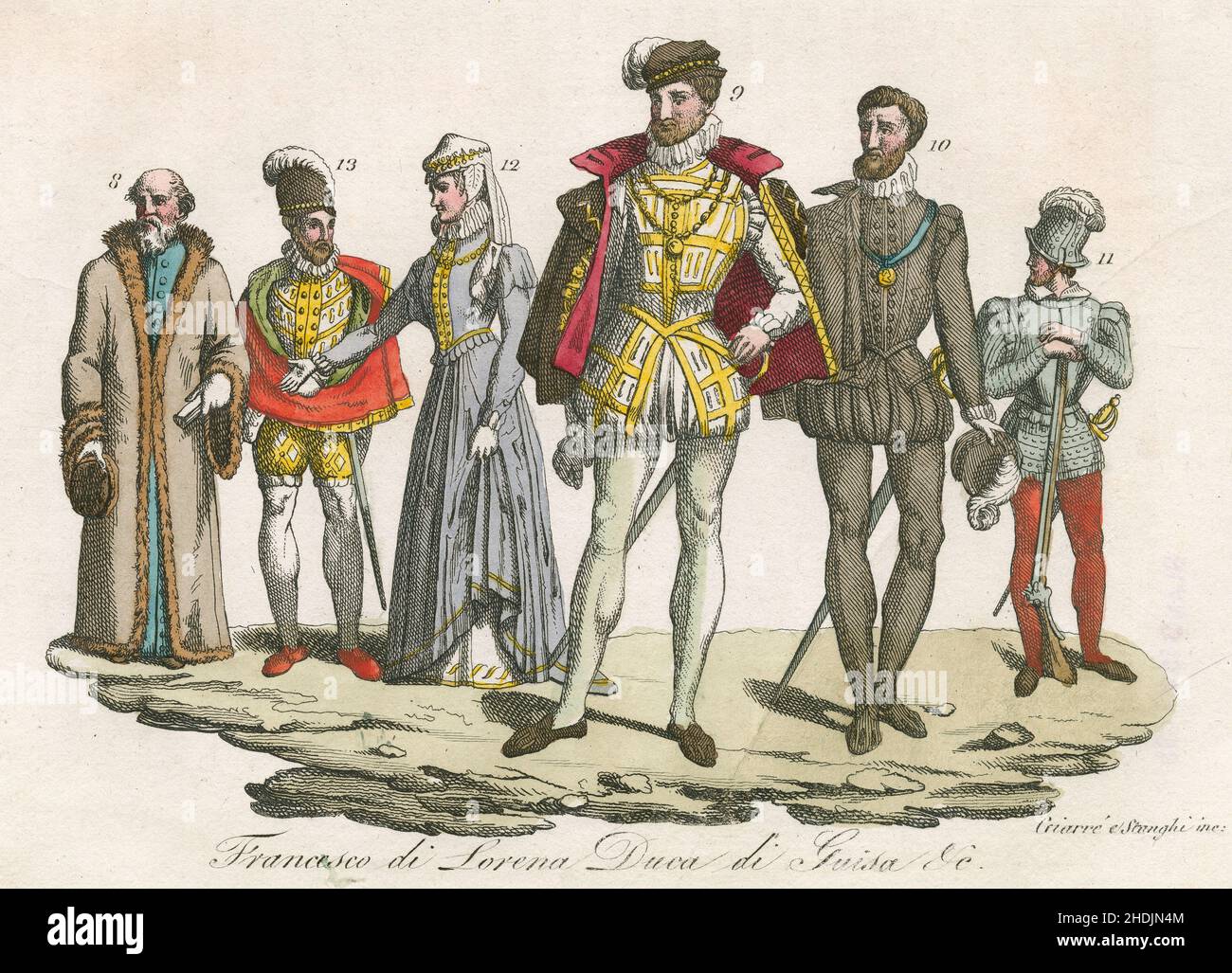 Antique c1830 gravure teintée à la main, 15th siècle de la mode royale française avec François, duc de guise (1519-1563).Publié par Giulio Ferrario.SOURCE : GRAVURE ORIGINALE Banque D'Images