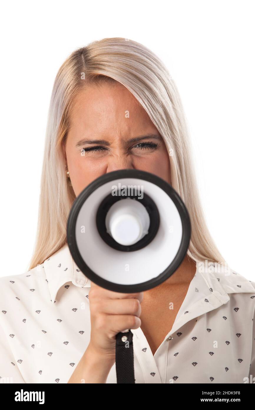jeune femme, forte, parle, mégaphone, fille,filles, femme, jeunes femmes, louds, parler,des discours, des mégaphones Banque D'Images