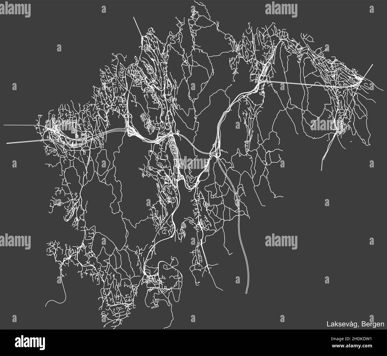 Navigation négative détaillée lignes blanches rues urbaines carte du quartier LAKSEVÅG ARRONDISSEMENT de la capitale régionale norvégienne de Bergen, non Illustration de Vecteur