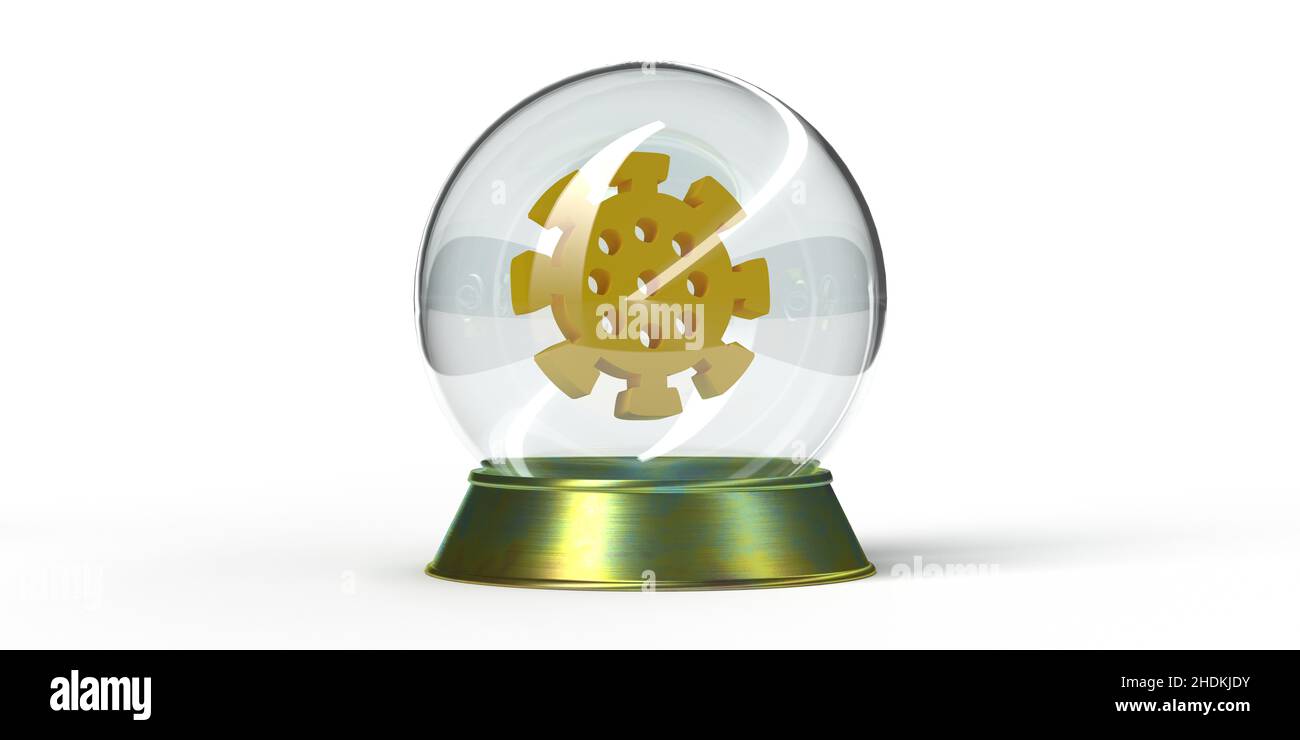 3D rendu Fortune Sphere concept: La lumière réfléchit sur la boule de cristal avec la cellule du coronavirus prédire l'avenir.Quelle mutation, nouvelle variante, vaccin? Banque D'Images