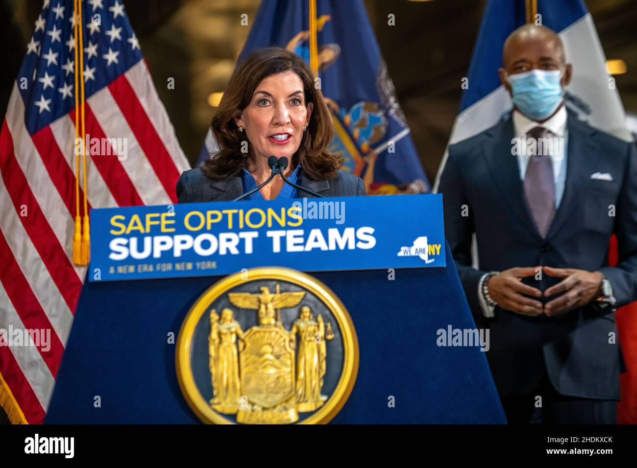 New York, États-Unis.06th janvier 2022.New York, États-Unis, 6 janvier 2022.La gouverneure de New York Kathy Hochul dhabille une conférence de presse à côté du maire de New York Eric Adams sur leur présence accrue de la police et leur aide pour les sans-abri.Credit: Enrique Shore/Alay Live News Banque D'Images