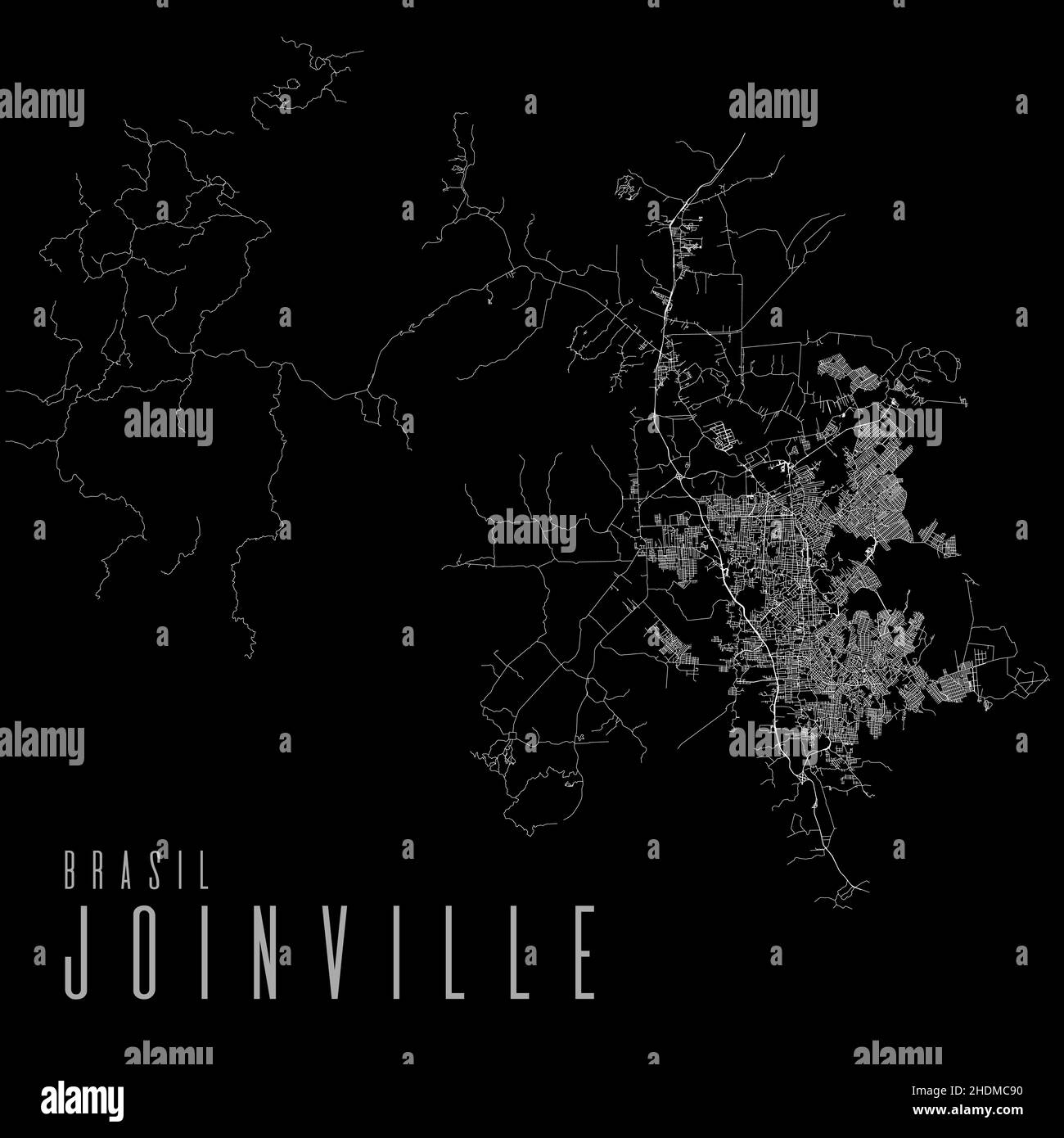 Affiche de carte vectorielle de la ville de Joinville.Carte linéaire carrée de la municipalité du Brésil, zone administrative municipale, lignes blanches sur fond noir, avec t Illustration de Vecteur