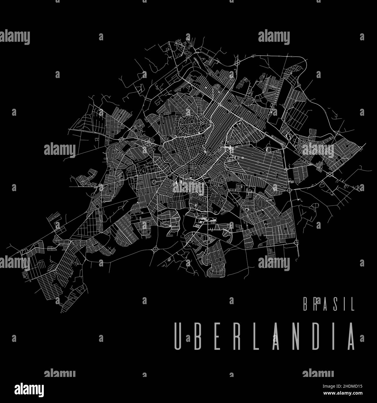 Affiche de carte vectorielle de la ville d'Uberlandia.Brésil carte linéaire de la municipalité carrée, zone administrative municipale, lignes blanches sur fond noir, avec Illustration de Vecteur