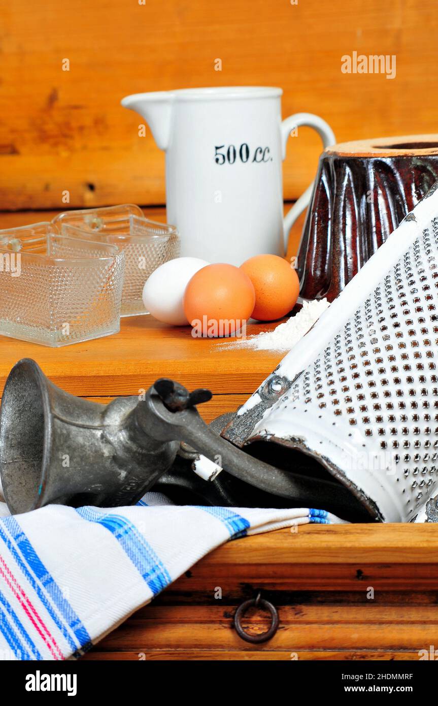 ustensile de cuisine, nostalgie, ingrédients de cuisson, ustensiles de cuisine, nostalgies,ingrédient Banque D'Images