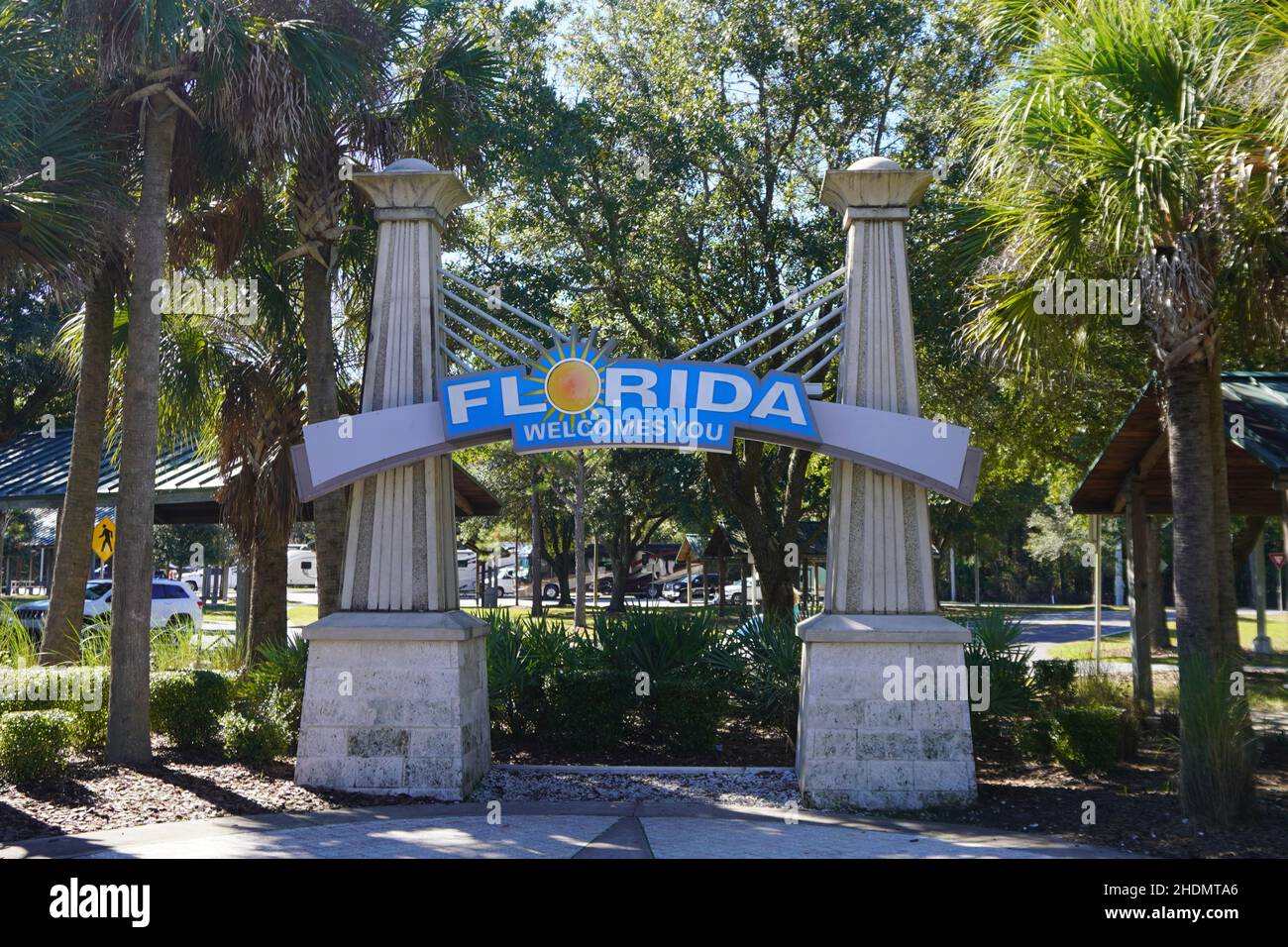 La Floride vous accueille en signe dans le centre d'accueil officiel de la Floride sur l'I-95 sud. Banque D'Images