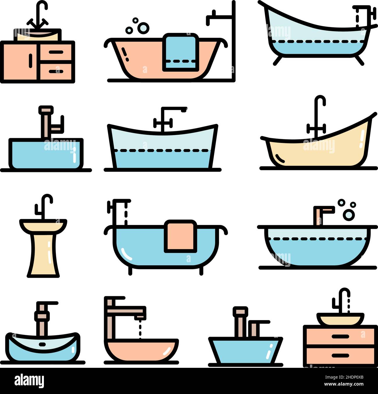 Ensemble de grandes icônes de la couleur de la baignoire.Collection de symboles de contour de style simple.Icône de ligne vectorielle définie isolée sur fond blanc. Illustration de Vecteur