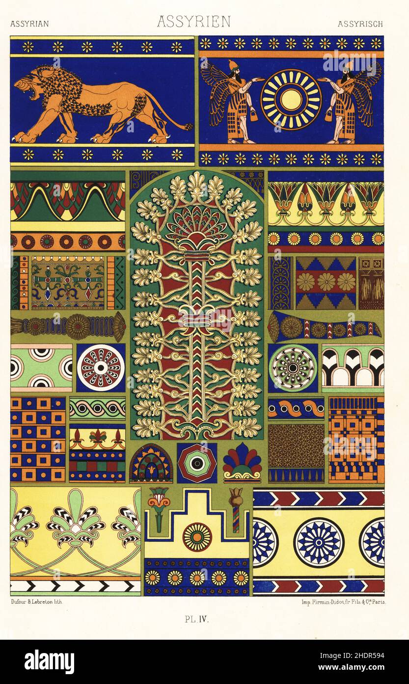 Art de l'Assyrie antique.Sculptures peintes et briques émaillées du Palais de Khorsabad, Ninive, 1-23, et Persepolis, 24-33.Chromolithographe à finition manuelle par Dufour & LeBreton de l’Environnement Polychrome d’Albert-Charles-Auguste Racinet, (ornement polychromatique), Firmin-Didot, Paris, 1869-73. Banque D'Images