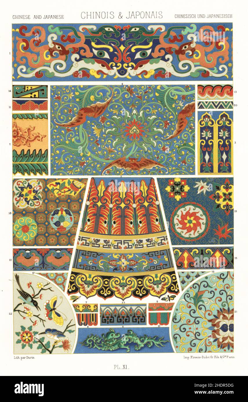 Art chinois et japonais : émail cloisonné.Chromolithographe à finition manuelle de F. durin, de l’Environnement Polychrome d’Albert-Charles-Auguste Racinet, (ornement polychromatique), Firmin-Didot, Paris, 1869-73. Banque D'Images