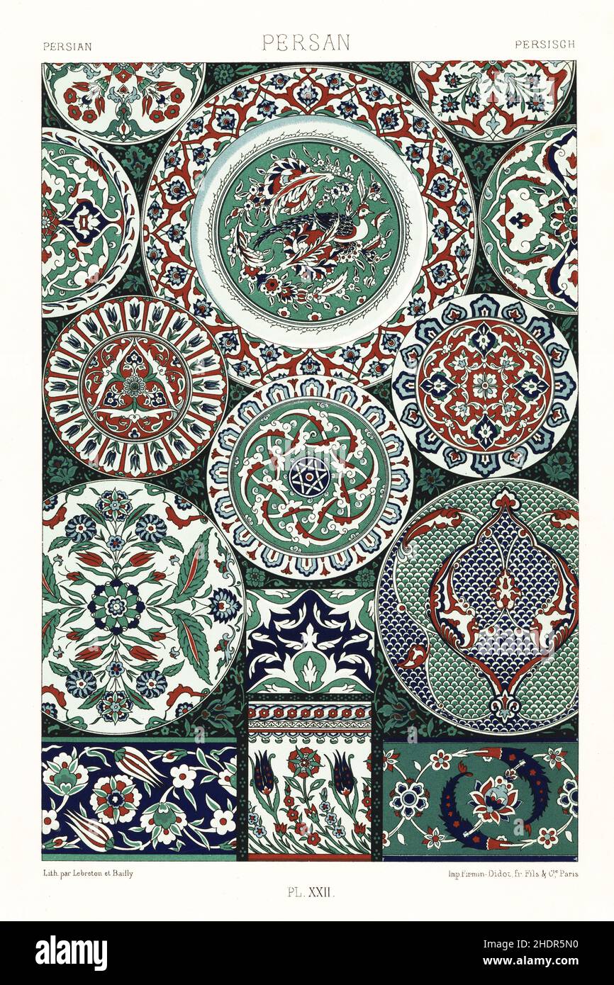 Art persan: Faïence.Poterie décorée d'arabesques avec oiseaux, figures chimiques, roses, œillets, tulipes,jacinthes.Persan.Chromolithographe de LeBreton & Bailly, produit à la main, de l’ornement Polychrome d’Albert-Charles-Auguste Racinet, (ornement polychromatique), Firmin-Didot, Paris, 1869-73. Banque D'Images