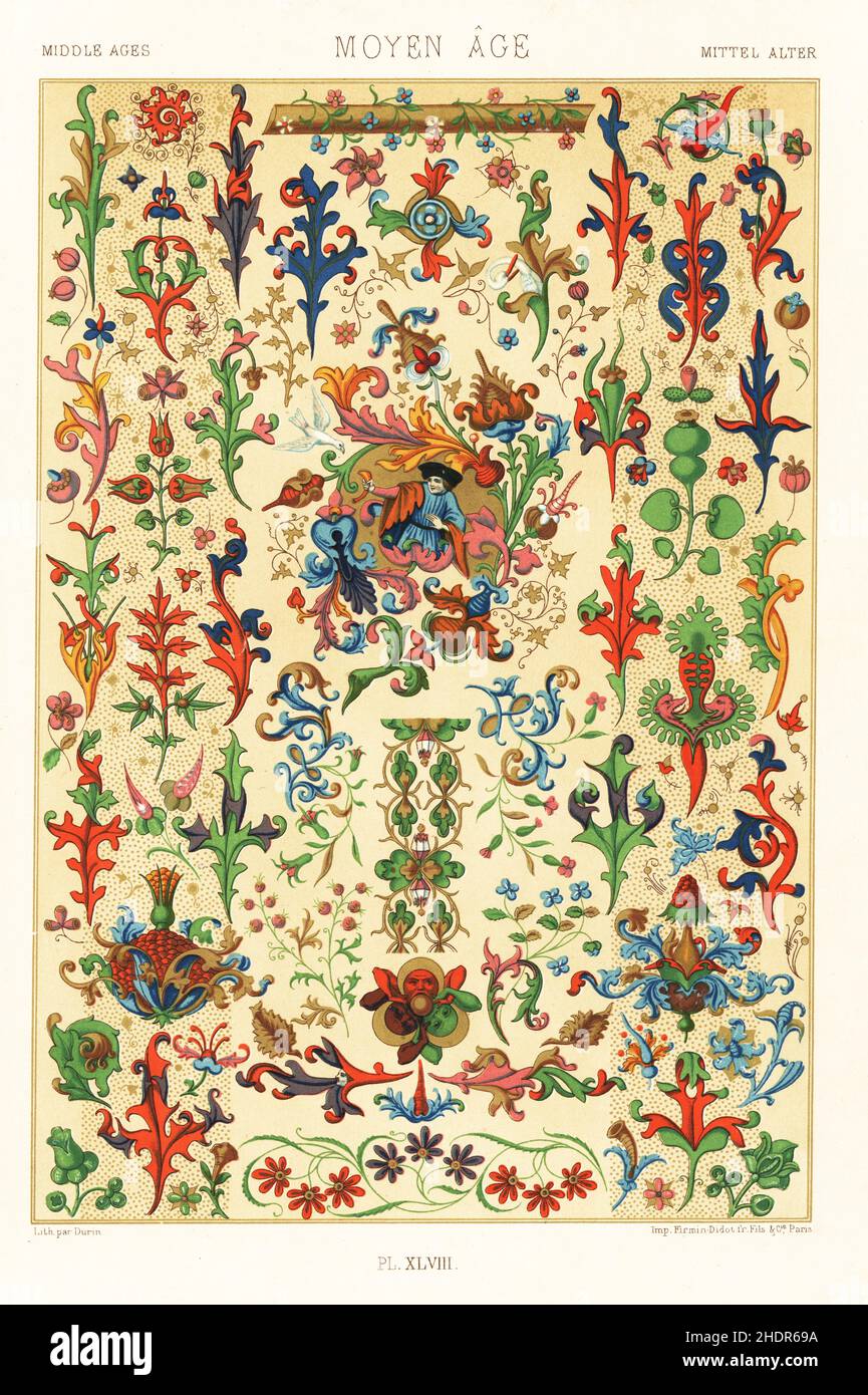 Moyen âge: Flore et travail de fleurs classiques, 15th siècle.Fleurs, plantes, figures et animaux de manuscrits éclairés.Âge moyen.Chromolithographe à finition manuelle de F. durin, de l’Environnement Polychrome d’Albert-Charles-Auguste Racinet, (ornement polychromatique), Firmin-Didot, Paris, 1869-73. Banque D'Images