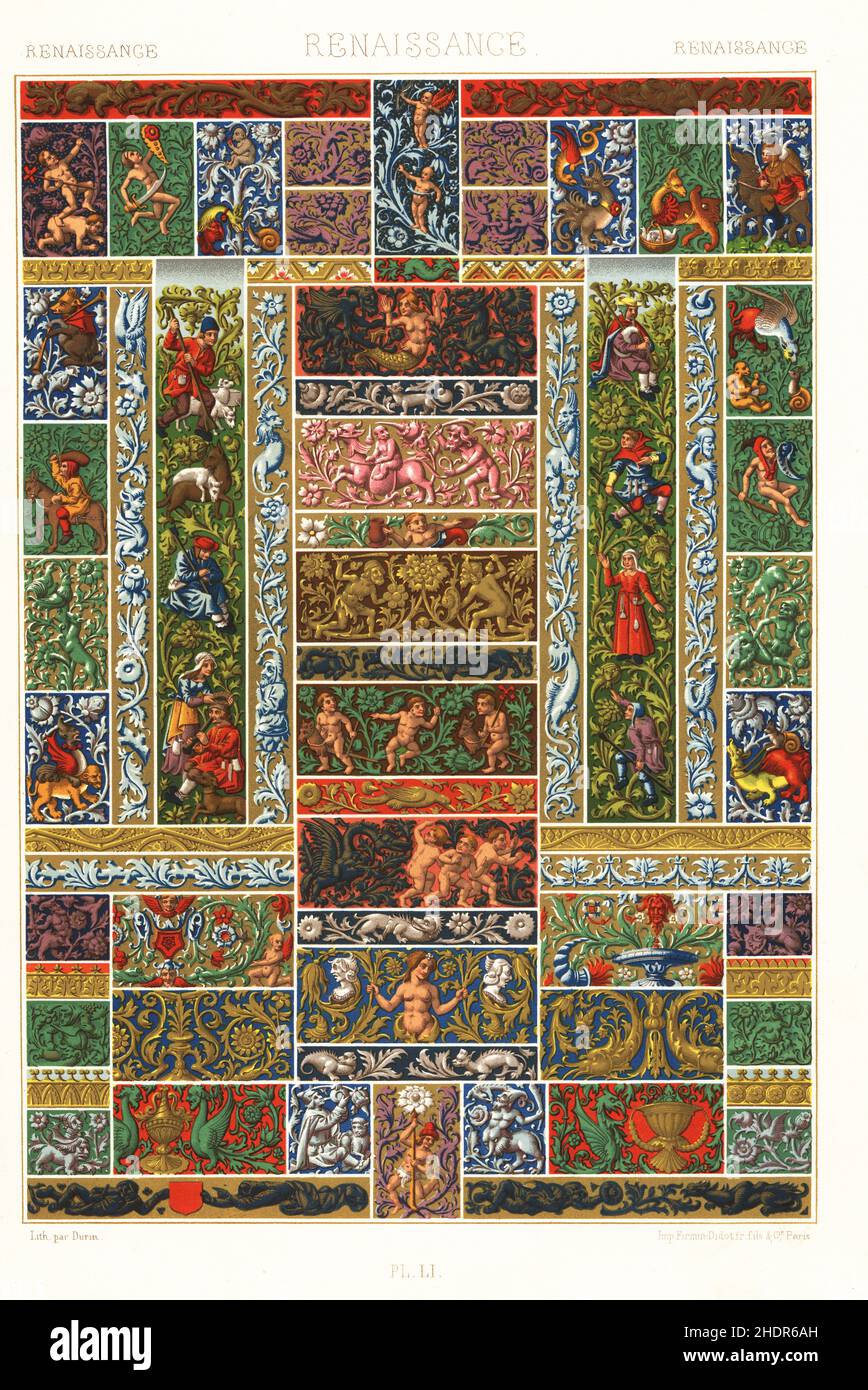 Art de la Renaissance : panneaux, frises et frontières.Décoration avec feuillage, figures et animaux du livre imprimé Heures a l'usage de Rouen de Symon Vestre, Paris, 1508.Chromolithographe à finition manuelle de F. durin, de l’Environnement Polychrome d’Albert-Charles-Auguste Racinet, (ornement polychromatique), Firmin-Didot, Paris, 1869-73. Banque D'Images