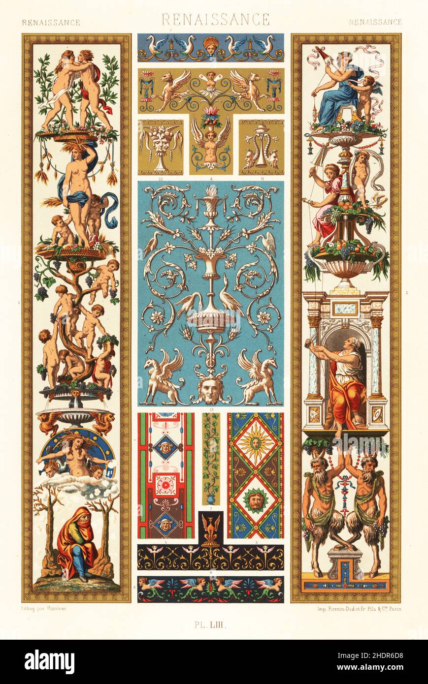 Art Renaissance : fresques et arabesques de Raphaël, 16th siècle.Four Seasons (à droite), Three fats (à gauche), et d'autres exemples de la Loggie du Vatican.Chromolithographie manuelle de Painleve de l’environnement Polychrome d’Albert-Charles-Auguste Racinet, (ornement polychromatique), Firmin-Didot, Paris, 1869-73. Banque D'Images