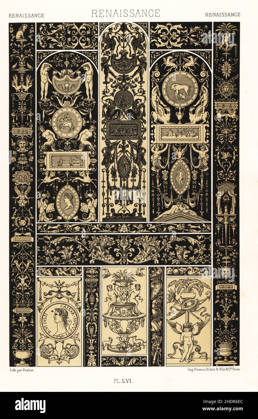 Art de la Renaissance : ivoires gravés.Armoire ébène décorée d'après Raphaël 1-4, chaise 5, exemples d'après Agostino de Venise 6, Calcographia de Comte Leopold Cicognara 7-11, décoration de boîte 12,13, et motifs de défilement 14-17.Chromolithographe à finition manuelle par Praton de l’Environnement Polychrome d’Albert-Charles-Auguste Racinet, (ornement polychromatique), Firmin-Didot, Paris, 1869-73. Banque D'Images