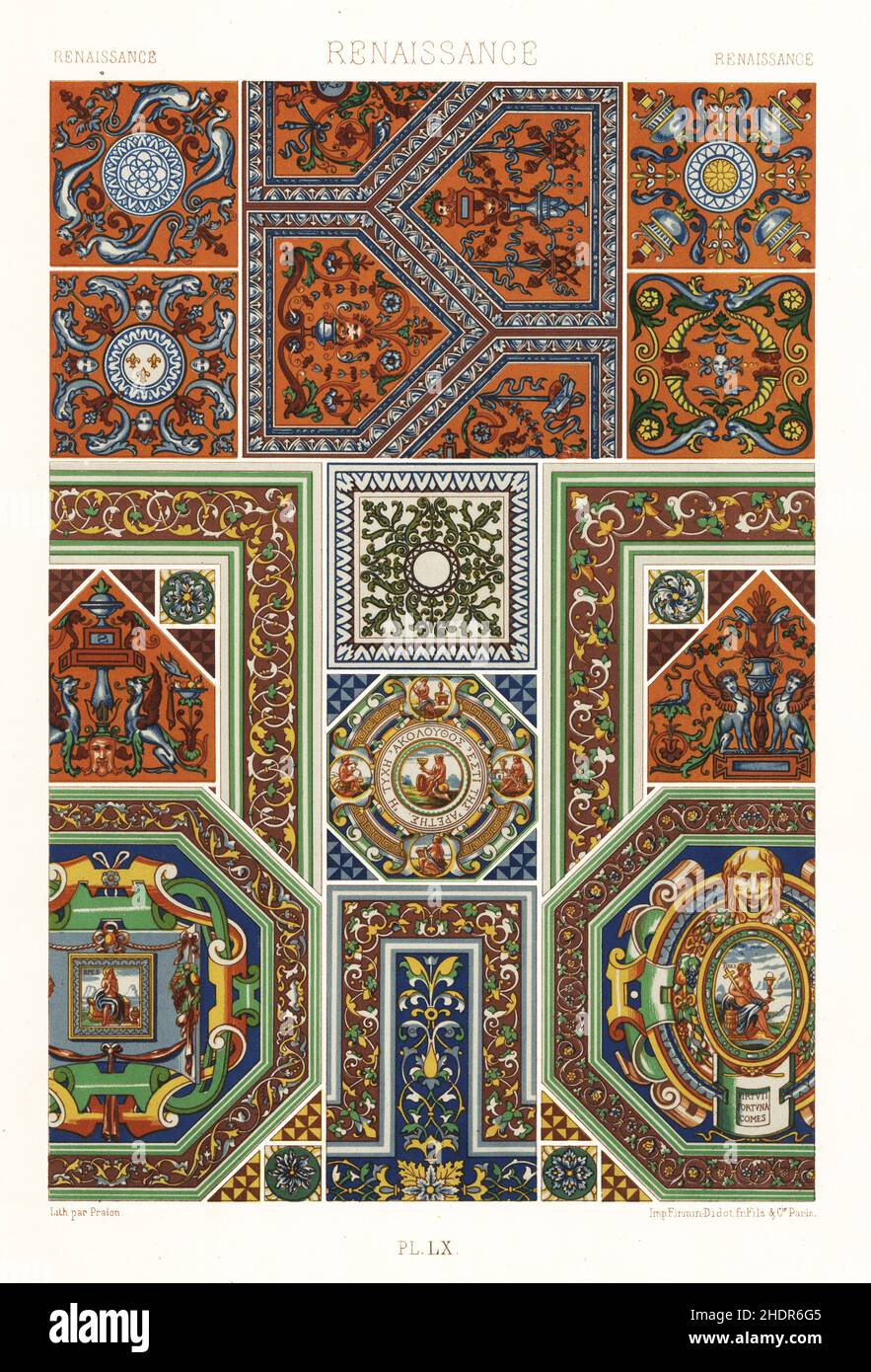 Art de la Renaissance : carreaux émaillés.Tuiles pentagonales 1-3, tuiles carrées 4-8, pavés incrusté 9-14 et tuiles simples 15-18 du Château de Polisy, Aube.Chromolithographe à finition manuelle par Praton de l’Environnement Polychrome d’Albert-Charles-Auguste Racinet, (ornement polychromatique), Firmin-Didot, Paris, 1869-73. Banque D'Images