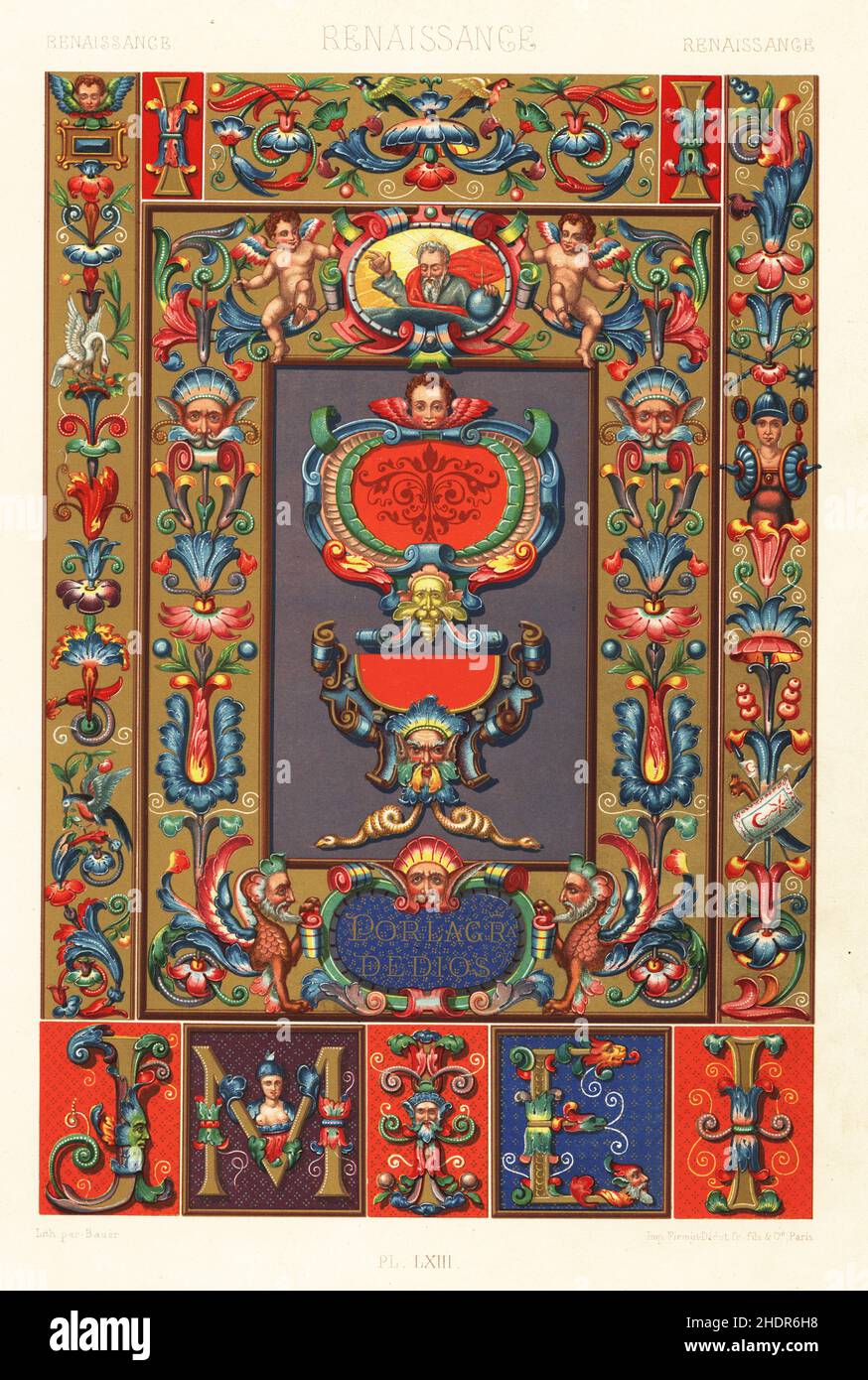 Art de la Renaissance : peintures sur manuscrits.Décorations, figures, initiales, grotesques et cartounds des bourses espagnoles de noblesse à Juan Catano en 1588 et à Augustin de Yturbe en 1593.Chromolithographe à finition manuelle de Bauer, de l’ornement Polychrome d’Albert-Charles-Auguste Racinet, (ornement polychromatique), Firmin-Didot, Paris, 1869-73. Banque D'Images