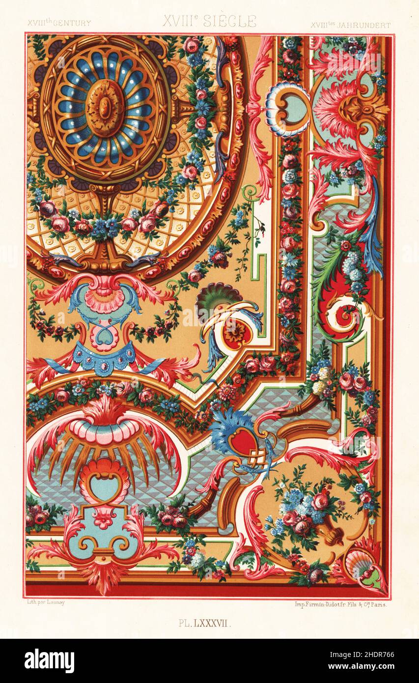 Moquette de style Louis XIV, 18th siècle.Dessin de tapis tiré d'un manuscrit de Robert de Cotte, Bibliothèque nationale, Cabinet de Etampes No. 9.XVIIIème Siecle.Chromolithographe à finition manuelle par Launay, de l’ornement Polychrome d’Albert-Charles-Auguste Racinet, (ornement polychromatique), Firmin-Didot, Paris, 1869-73. Banque D'Images