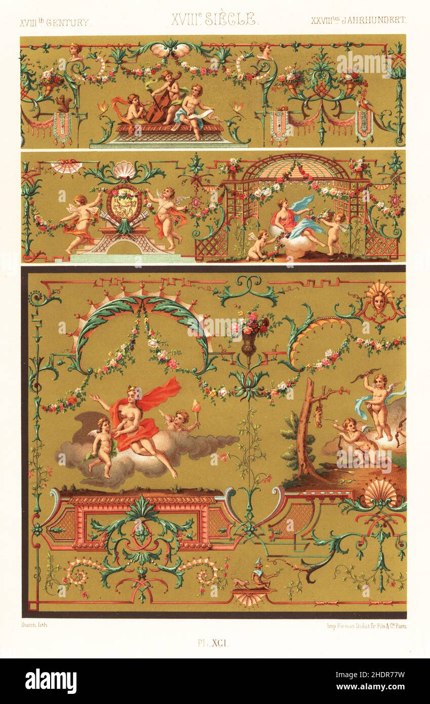 Peinture décorative, 18th siècle.Fragments d'un tableau sur un clavecin doré dans le style de Claude Gillot et Watteau.XVIIIème Siecle.Chromolithographe à finition manuelle de F. durin, de l’Environnement Polychrome d’Albert-Charles-Auguste Racinet, (ornement polychromatique), Firmin-Didot, Paris, 1869-73. Banque D'Images