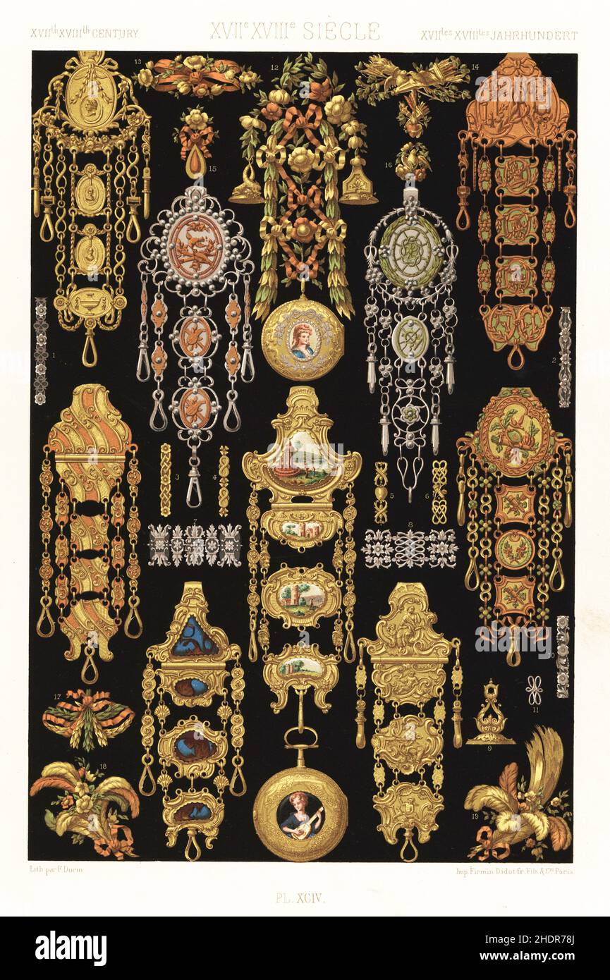 Chaînes, fermoirs, chatelaines et bijoux.Chaînes et sceau du joaillier de cour français Gilles l’Egare 1-11, et ensemble de bijoux de femme de l’époque du roi Louis XVI, 12-19.17th et 18th siècles, XVIIème XVIIème Siecle.Chromolithographe à finition manuelle de F. durin, de l’Environnement Polychrome d’Albert-Charles-Auguste Racinet, (ornement polychromatique), Firmin-Didot, Paris, 1869-73. Banque D'Images