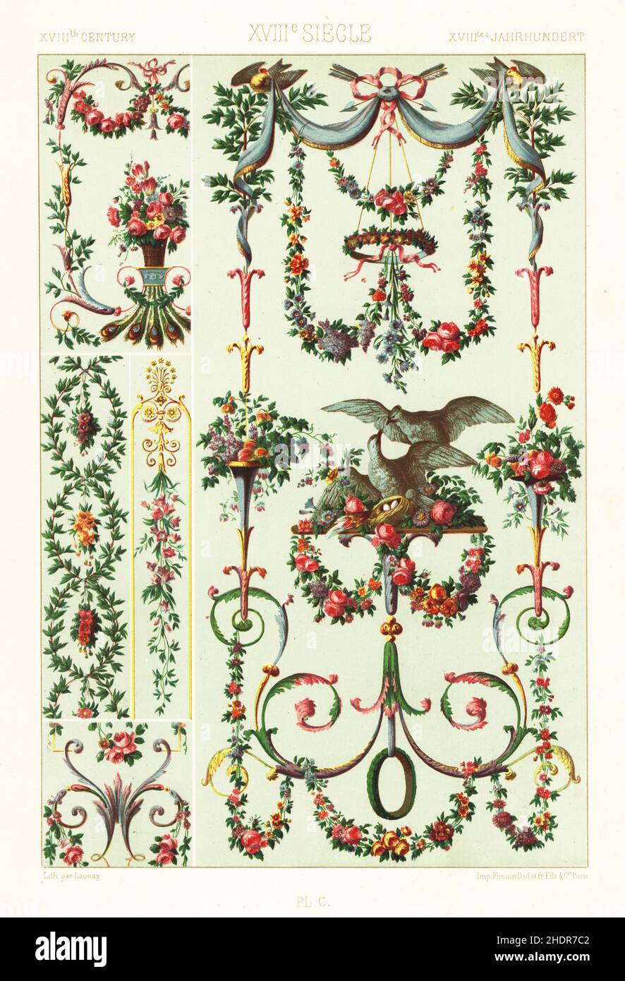 Peintures décoratives, 18th siècle.Guirlande et fleurs peintes par l'artiste botanique néerlandais Gerard van Spaendonck pour le Comte d'Artois pour le manoir de la Duthe.XVIIIème Siecle.Chromolithographe à finition manuelle par Launay, de l’ornement Polychrome d’Albert-Charles-Auguste Racinet, (ornement polychromatique), Firmin-Didot, Paris, 1869-73. Banque D'Images