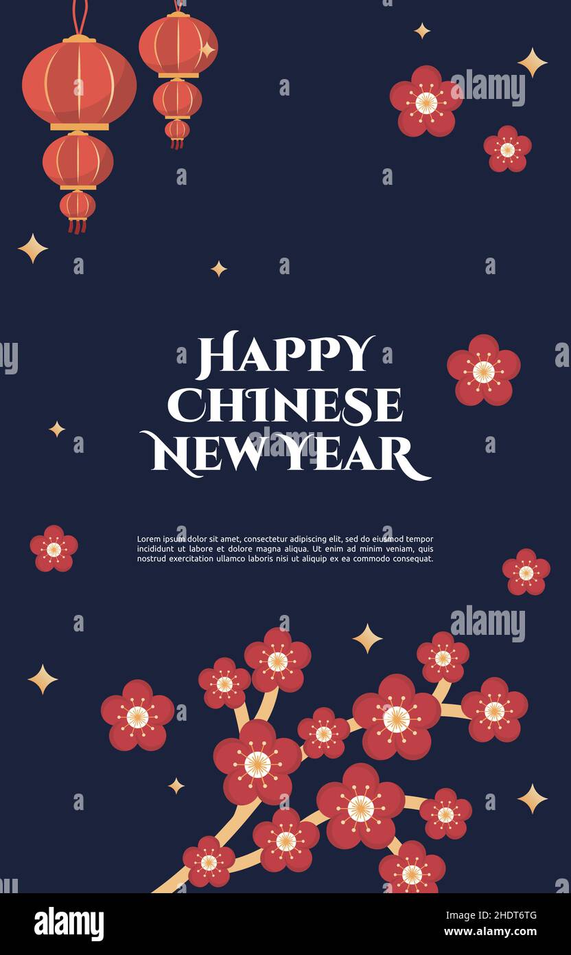 Carte de vœux bleue pour la fête du nouvel an de la fête chinoise des fleurs lanternes Illustration de Vecteur