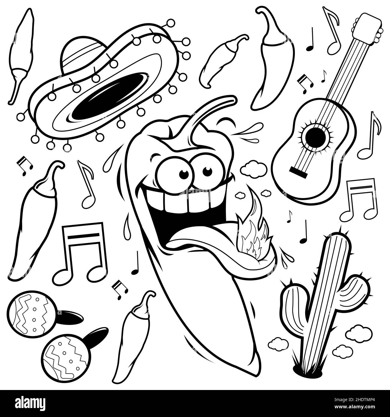 Collection de piment chaud mariachi mexicain. Hot dessin animé jalapeno cinco de Mayo partie set. Guitare, tequila, cactus, piments et maracas. Banque D'Images
