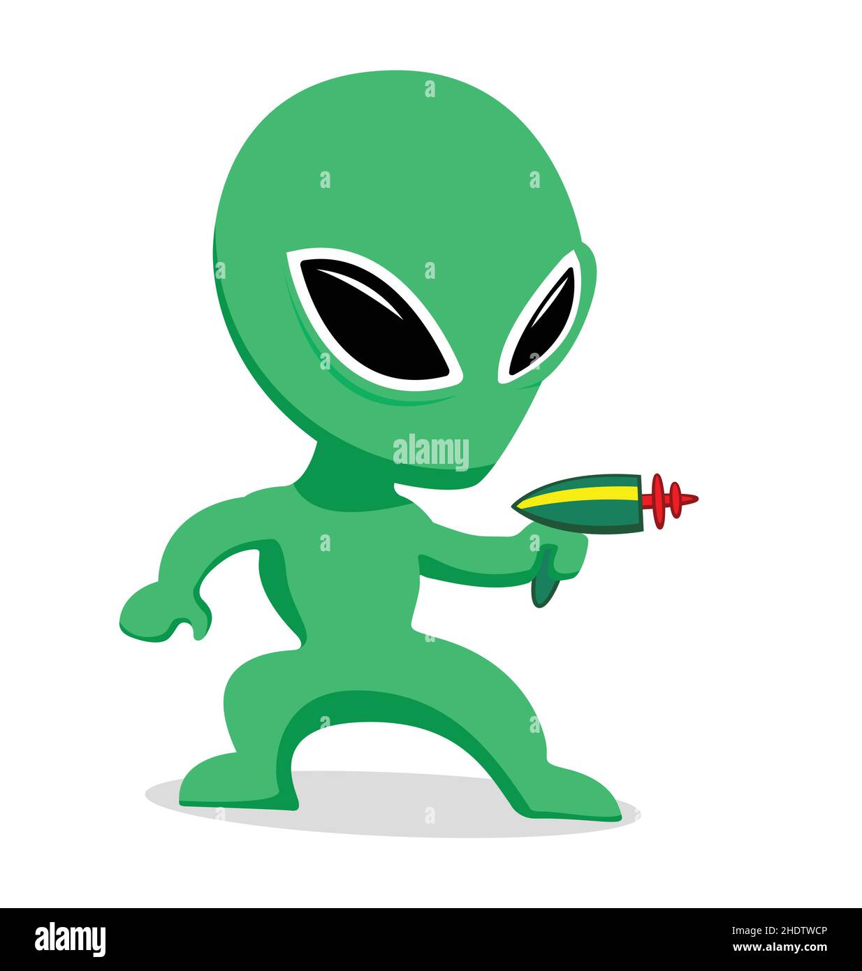 mignon petit vert alien personnage de dessin animé martien avec les grands yeux et le vecteur d'arme de laser de rayon isolé sur fond blanc Illustration de Vecteur