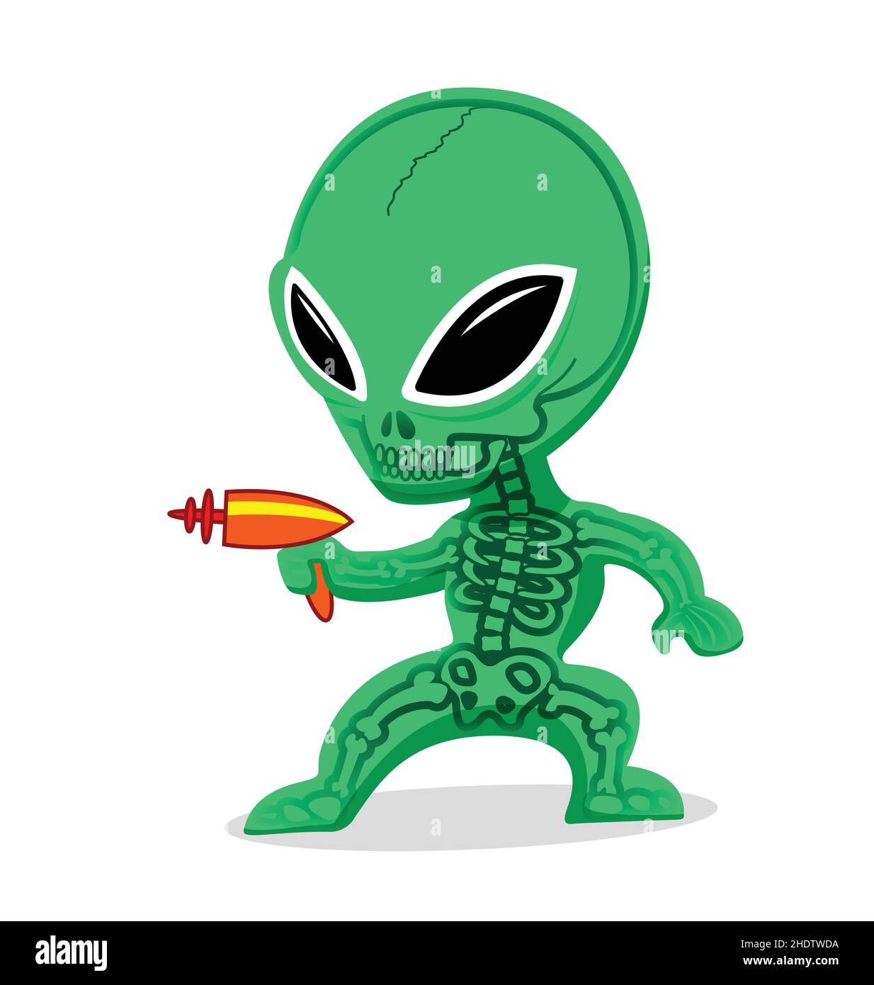 mignon petit vert alien personnage de dessin animé martien avec la peau translucide grands yeux et le vecteur d'arme de laser de rayon isolé sur fond blanc Illustration de Vecteur