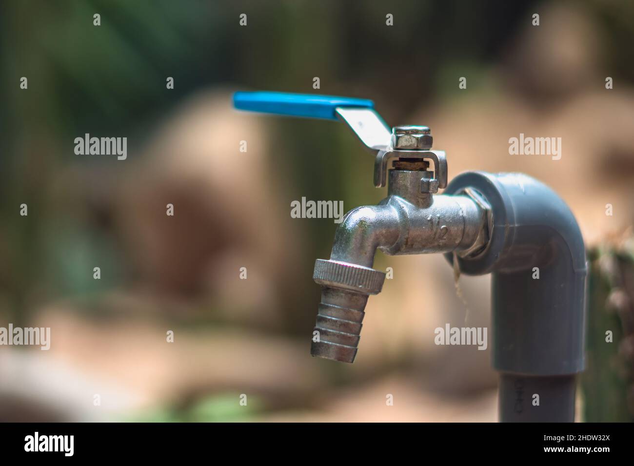 Robinet d'eau en métal levier de robinet en acier inoxydable poignée bleue connectée au tuyau de lamantin de l'adaptateur.Arrière-plan flou.Travaux de nature dans le jardin Banque D'Images