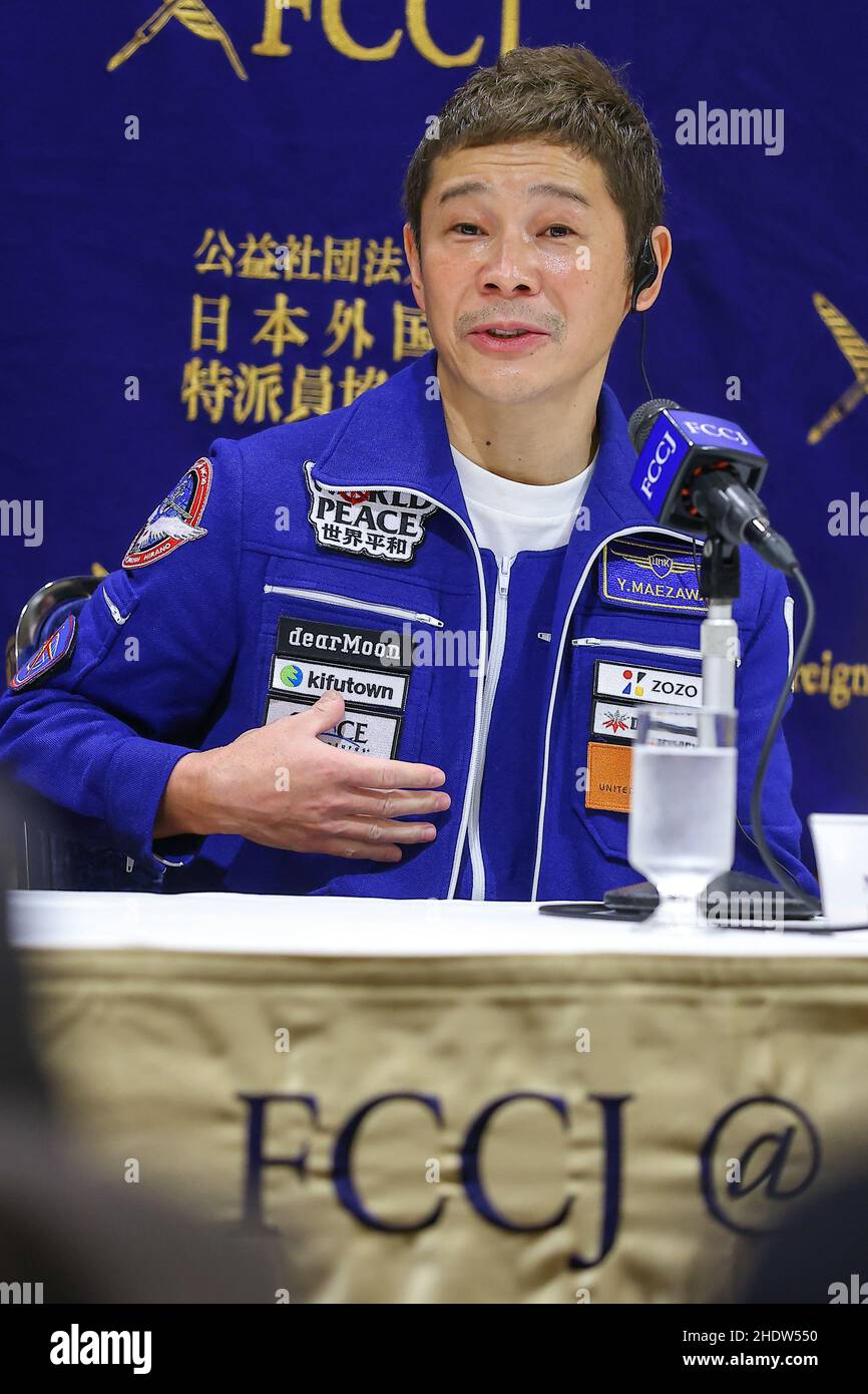 Tokyo, Japon.07th janvier 2022.Yusaku Maezawa, PDG de Start aujourd'hui, le premier citoyen japonais privé à rester sur la Station spatiale internationale (ISS), tiendra une conférence de presse au Foreign Corintins' Club of Japan (FCCJ) pour parler de son séjour de 12 jours du 8 au 20 décembre 2021,Et son entreprise de voyages spatiaux. Le 7 janvier 2022 à Tokyo, Japon.(Photo de Kazuki Oishi/Sipa USA) crédit: SIPA US/Alay Live News Banque D'Images