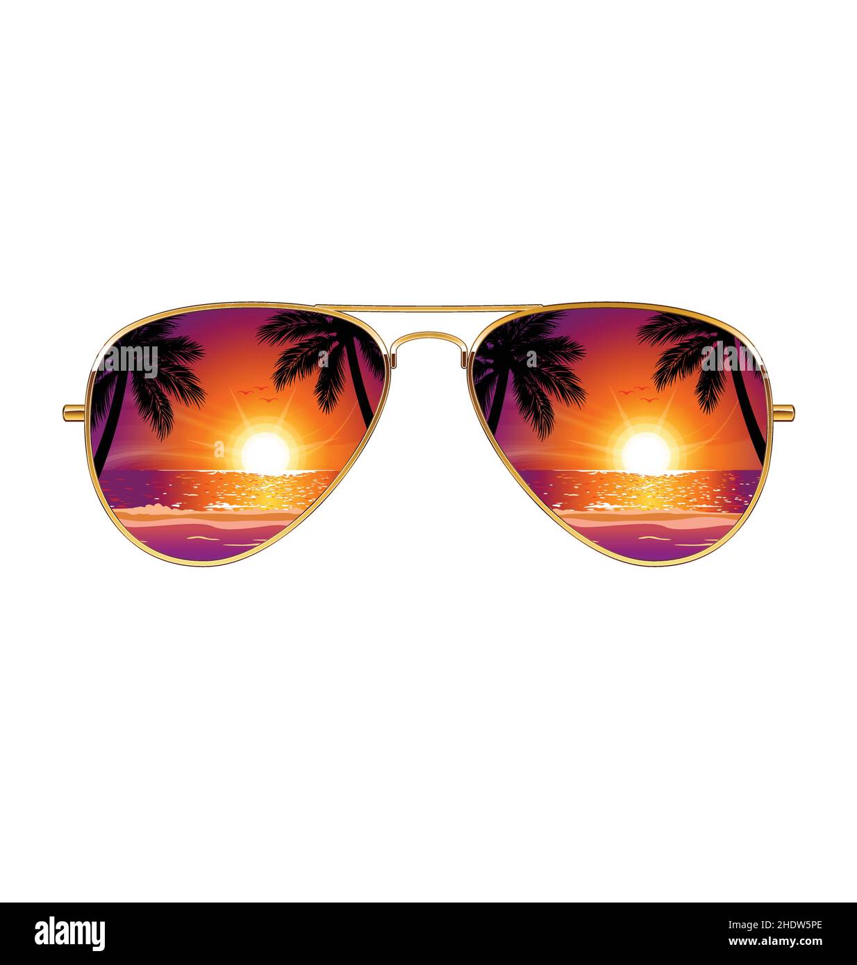 Plage de coucher de soleil fraîche reflétée dans Aviator lunettes de soleil  avec verres de miroir et cadres dorés vecteur isolé sur fond blanc Image  Vectorielle Stock - Alamy