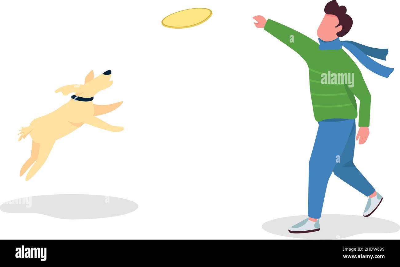 Homme jouant FETCH avec chien semi-plat caractère vectoriel de couleur Illustration de Vecteur