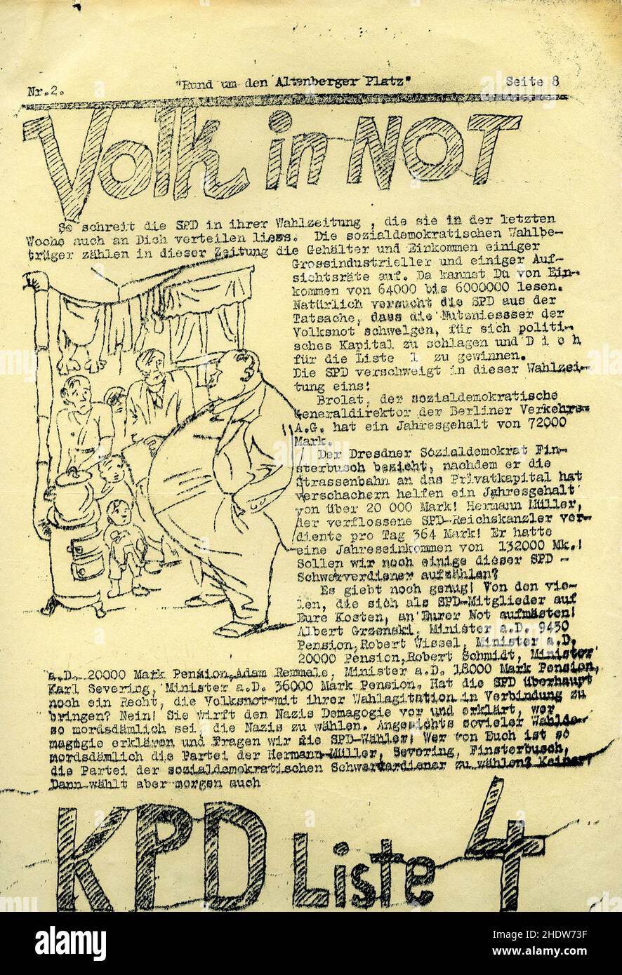 Journal du Parti communiste d'Allemagne 'rund um den Altenberger Platz' N2.« Volk In Not ».1932. Banque D'Images