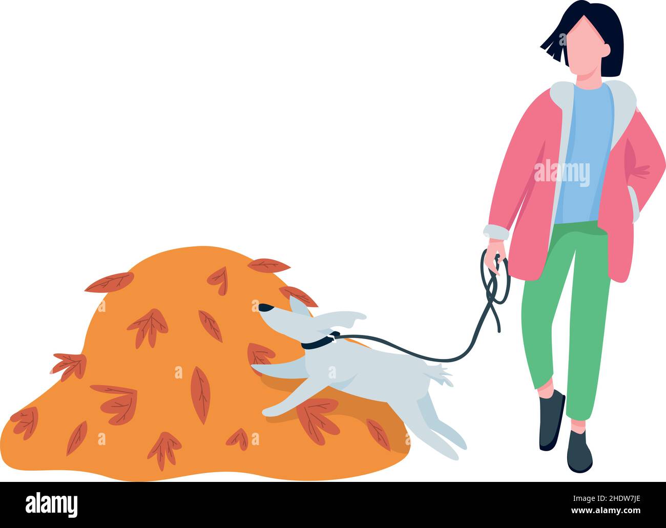 Une femme marche avec un animal en automne semi-plat couleur vecteur caractère Illustration de Vecteur