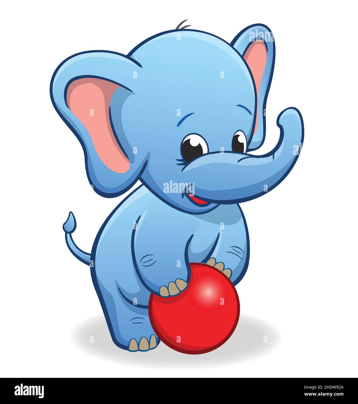 joyeux bébé bleu éléphant personnage de dessin animé sourire jouant avec le vecteur de balle rouge isolé sur fond blanc Illustration de Vecteur