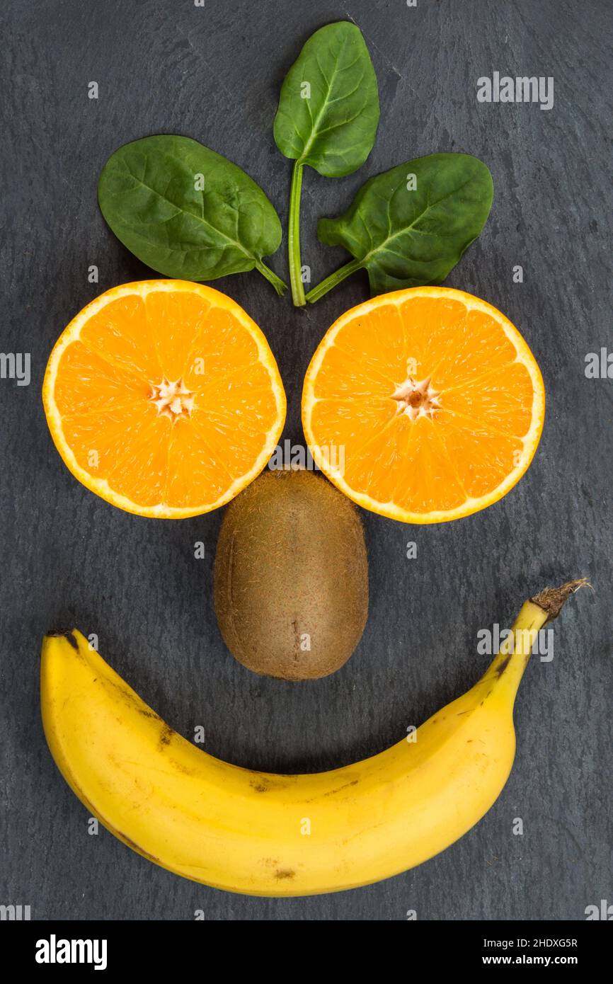 alimentation saine, fruits, smiley, saine, saine alimentation,faible teneur en matières grasses, fruits, visages souriants Banque D'Images