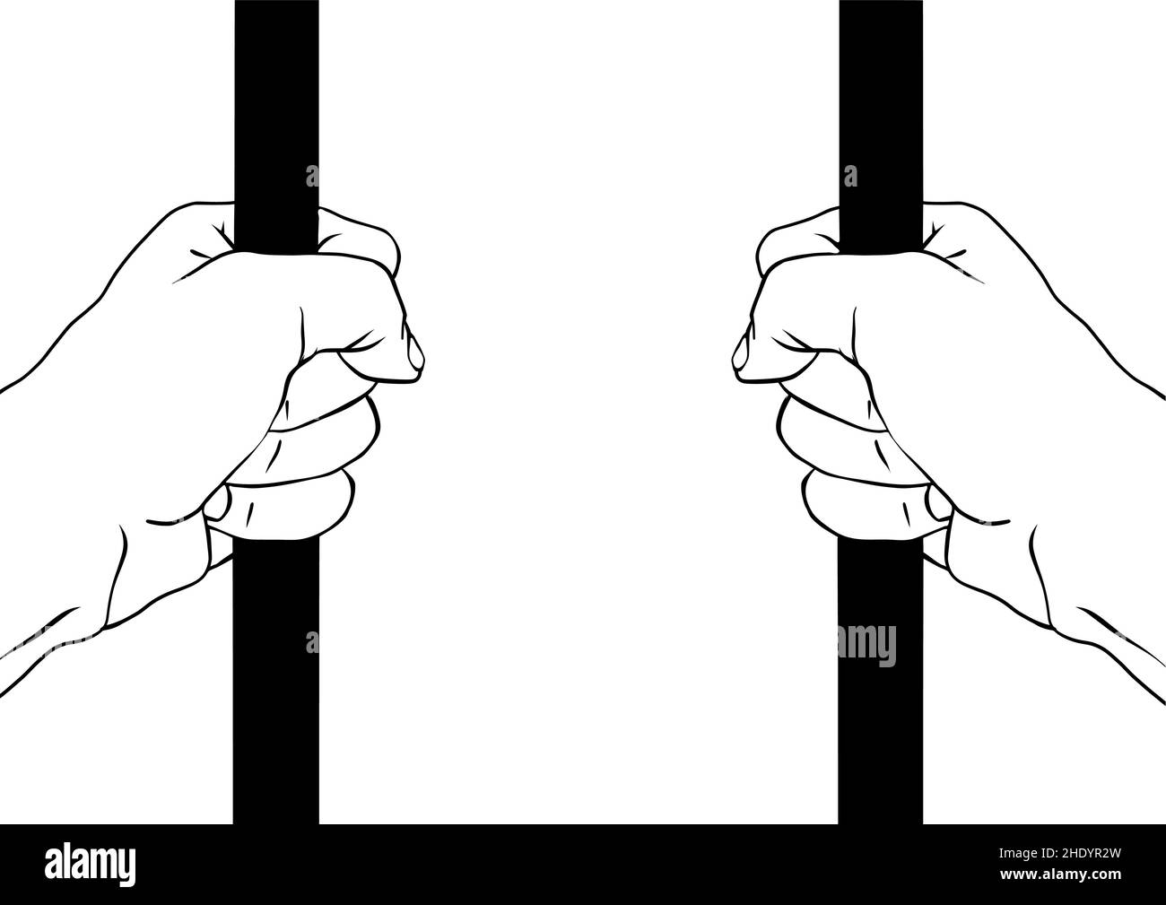 mains du prisonnier fermées sur les barreaux.Dessin vectoriel noir et