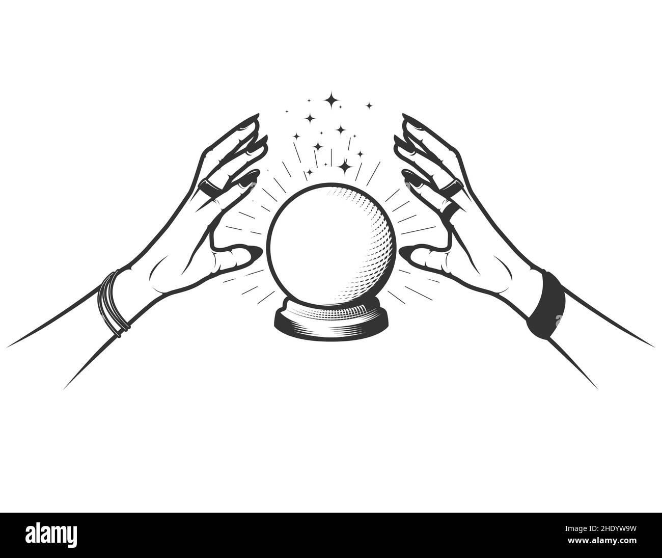 Mains de suinsayer sur la boule de verre de fortune-teller, sorcière prédiction magie sphère, vecteur Illustration de Vecteur