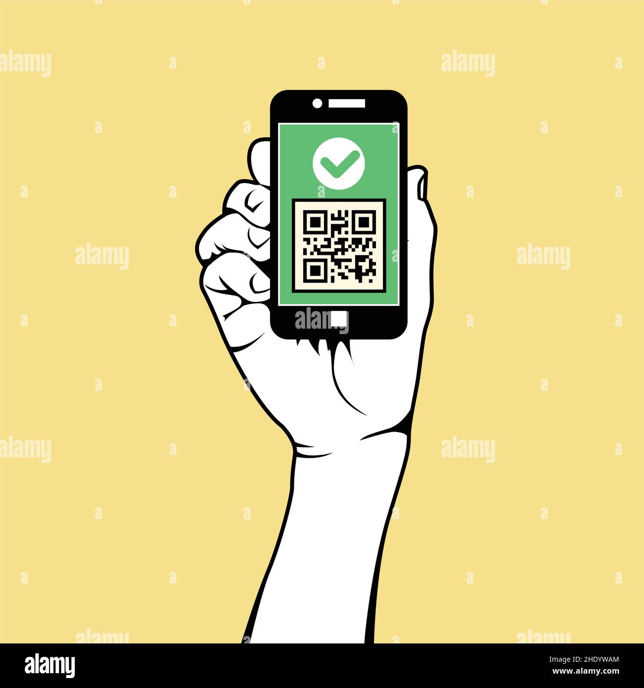 Certificat de vaccination numérique, main de femme avec smartphone montre passeport d'immunité, code qr icône de vaccination, vecteur Illustration de Vecteur