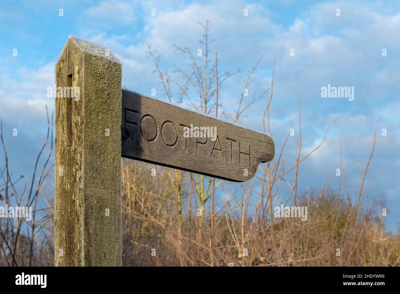 Panneau de chemin de pied en bois avec gel le matin d'hiver en janvier, Angleterre, Royaume-Uni Banque D'Images