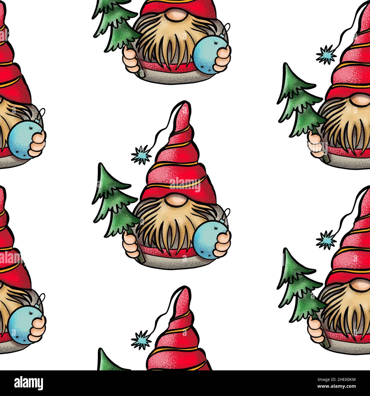 Illustration sans couture d'un gnome avec une barbe dans un chapeau.Symbole nouvel an et noël sur fond blanc isolé.Illustration de haute qualité Banque D'Images