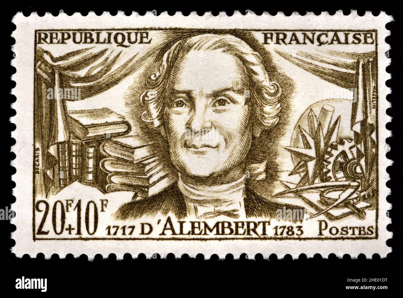 Timbre-poste français (1959) : Jean-Baptiste le rond d'Alembert (1717 – 1783) mathématicien français, mécaniste, physicien, philosophe et musique theo Banque D'Images