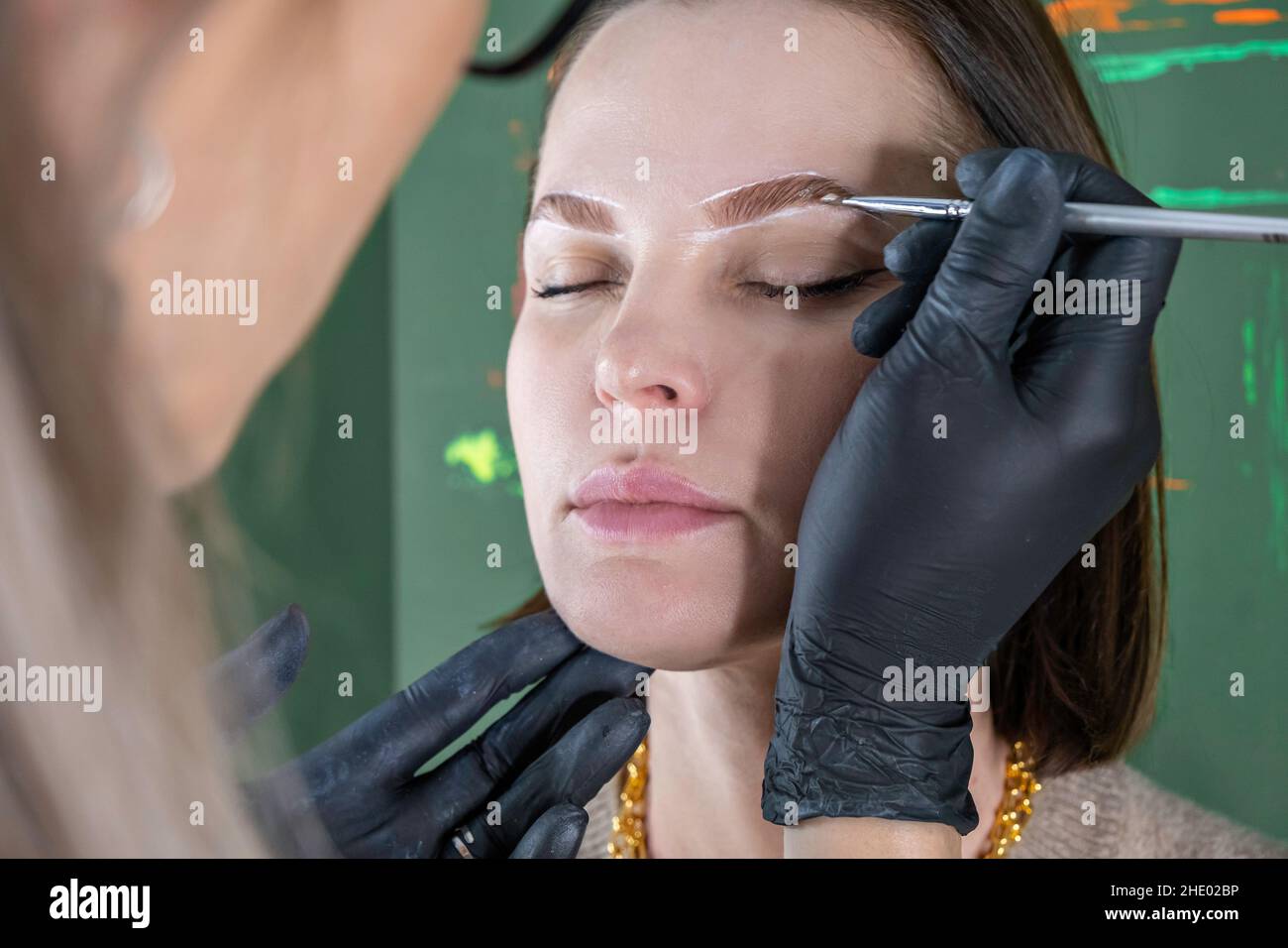 peinture pour sourcils coiffage, correction, coloration et procédure de lamination dans un salon de beauté, soin pour sourcils Banque D'Images