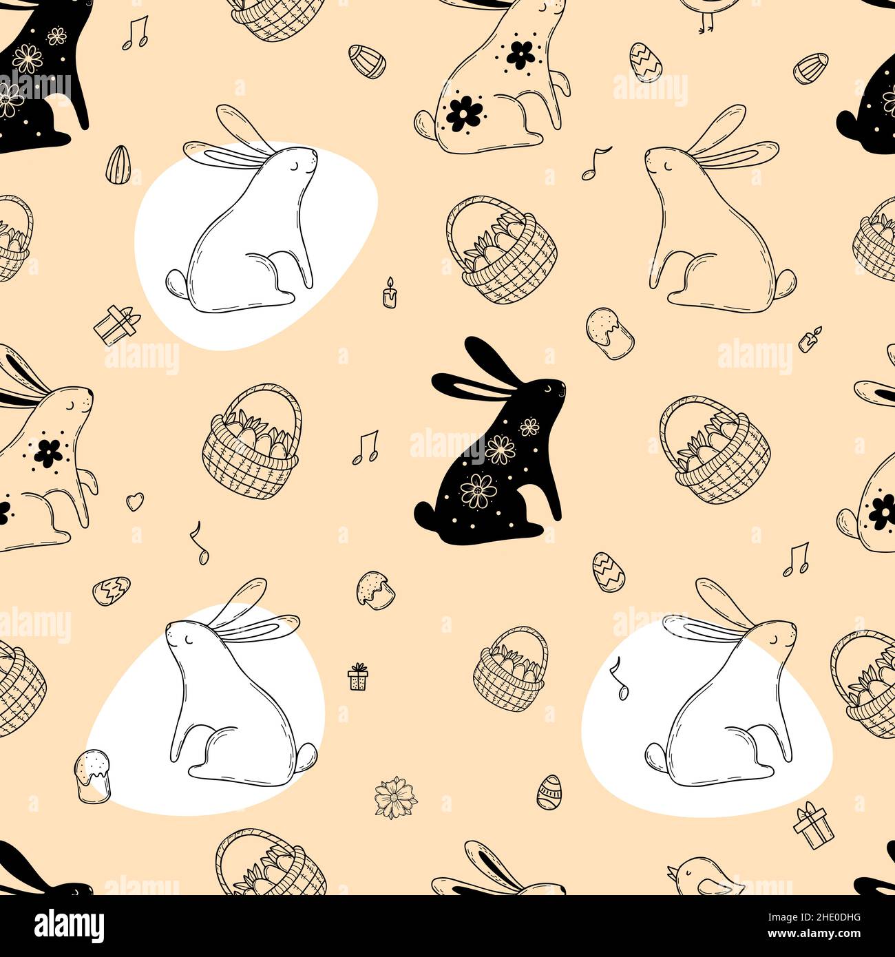 Motif Pâques sans coutures.Lapins de Pâques mignons, panier de Pâques, œufs et fleurs, gâteaux de Pâques et cadeaux sur fond beige.Illustration vectorielle.Outeli Illustration de Vecteur