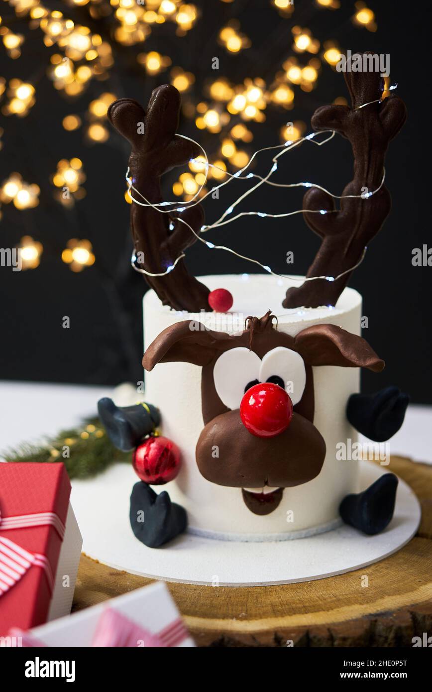 Gâteau de Noël traditionnel avec fruits, noix et glaçure blanche avec décorations de Noël. Banque D'Images