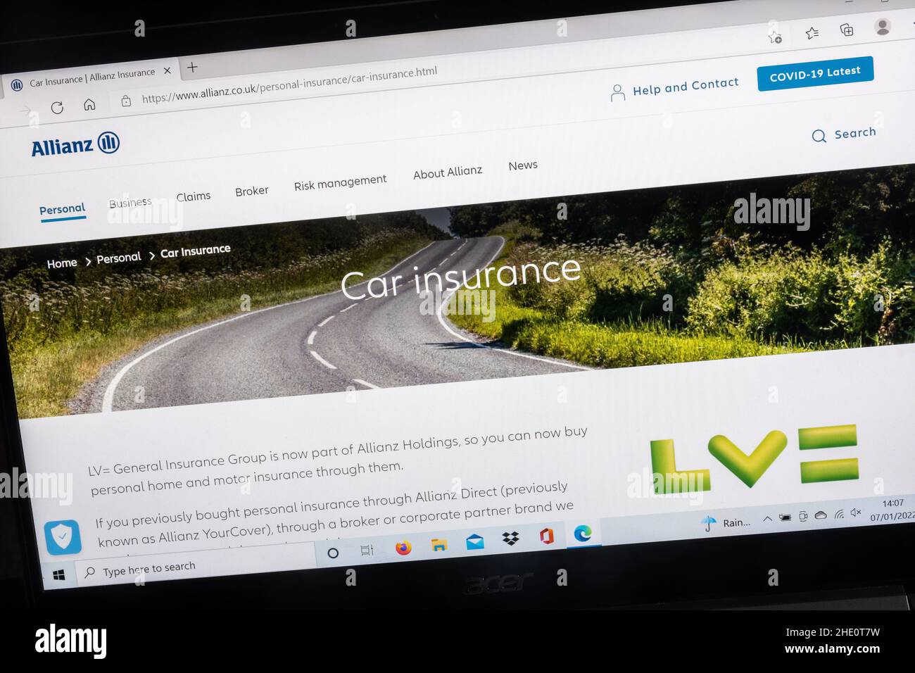 Site Web de la compagnie d'assurance Allianz sur un ordinateur portable, Royaume-Uni.Assurance automobile fournie par LV=, qui fait partie d'Allianz Holdings Banque D'Images