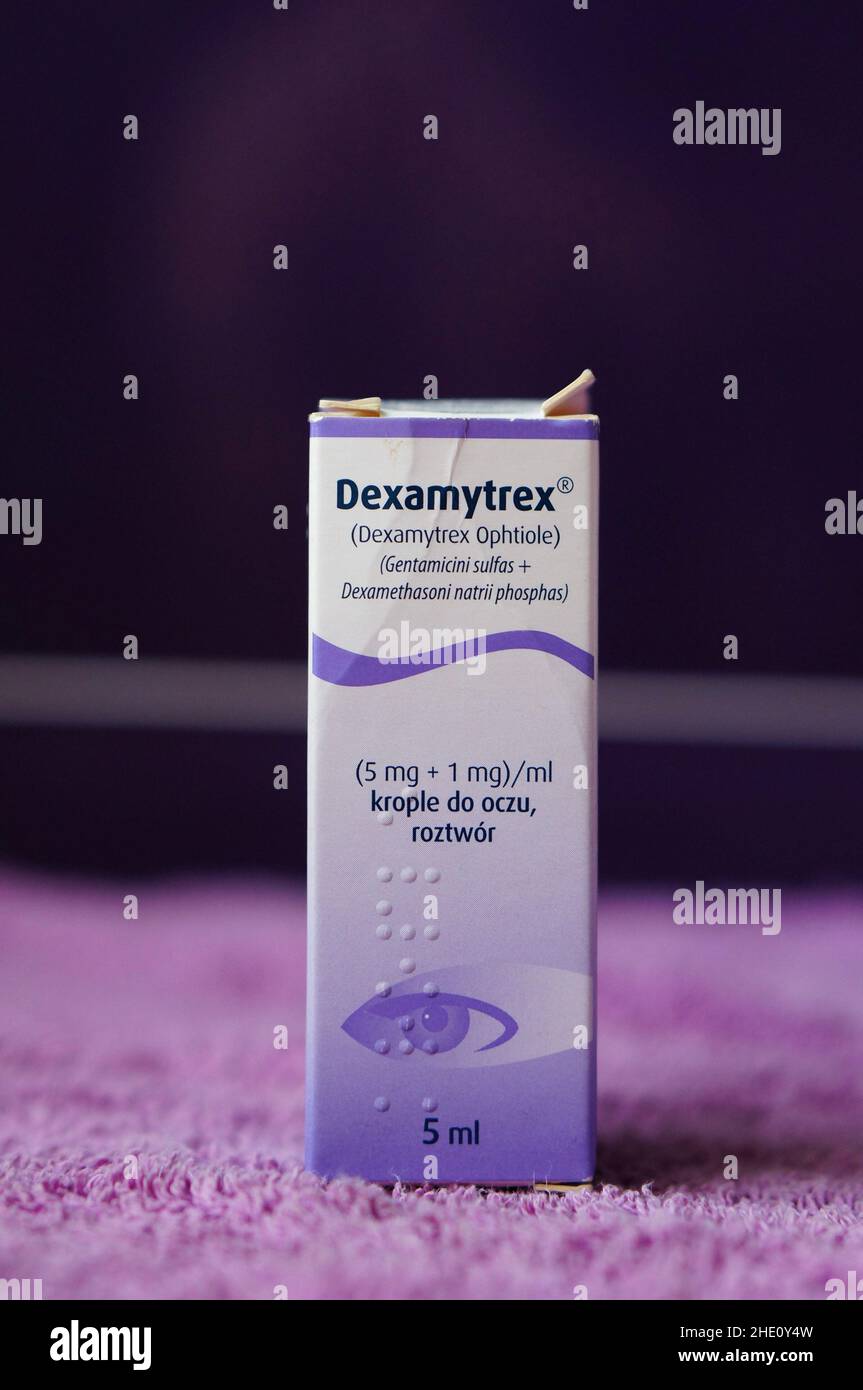 Dexamytrex marque médicaments gouttes d'yeux dans une boîte. Banque D'Images