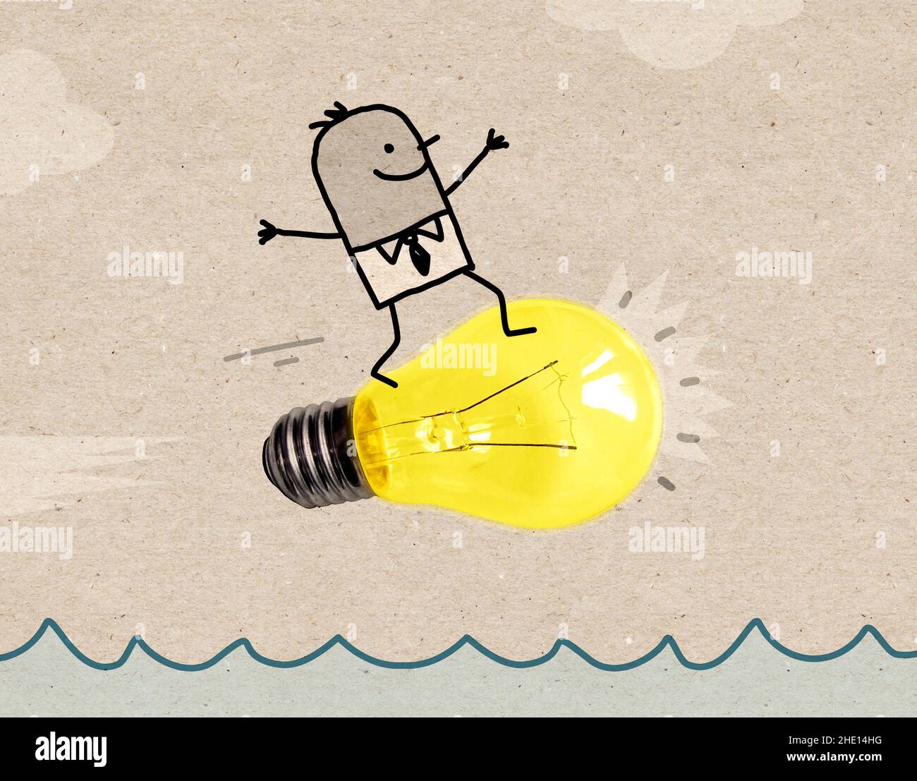 Hand Drawn Cartoon Homme Surf sur une grosse ampoule électrique Banque D'Images