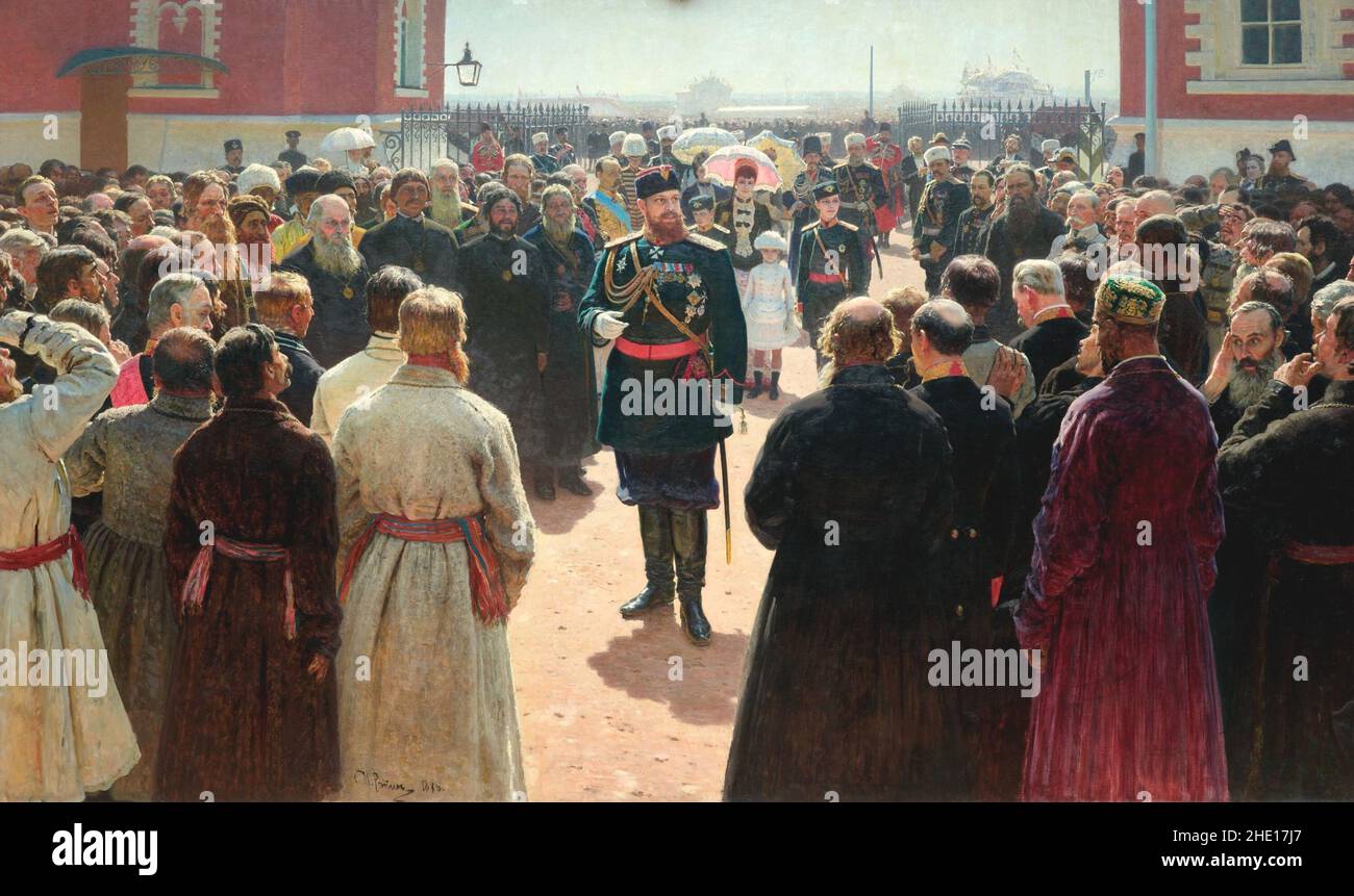 Alexandre recevant des anciens de district rural dans la cour du Palais Petrovsky à Moscou; peinture par Ilya Repin Banque D'Images