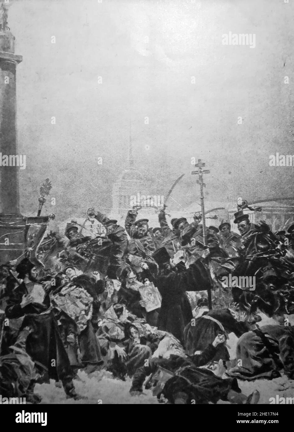Les troupes massacrent des manifestants civils pendant la répression du soulèvement de 1905.Le 22 janvier 1905, des milliers de manifestants ont défilé sur le Palais d'hiver pour exprimer leurs griefs contre les conditions de travail.Ils ont été accueillis par l'armée et la manifestation a été arrêtée, avec la perte d'environ 200 morts. Banque D'Images