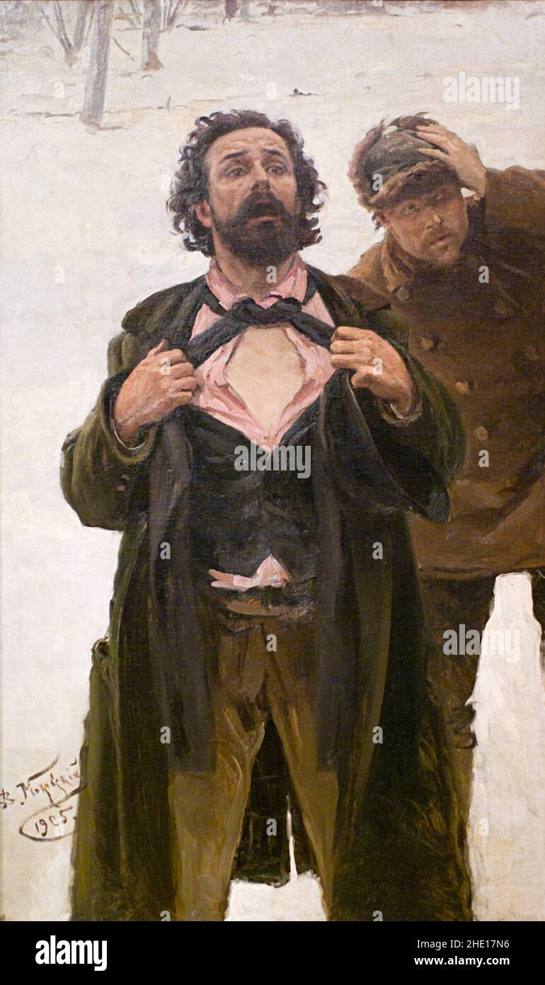 Un démonstrateur qui aboyait la poitrine pour les balles pendant le massacre sanglant du dimanche de janvier 1905, d'après un tableau intitulé « janvier 9th 1905 sur l'île de Vasilyev » de Konstantin Makovsky Banque D'Images